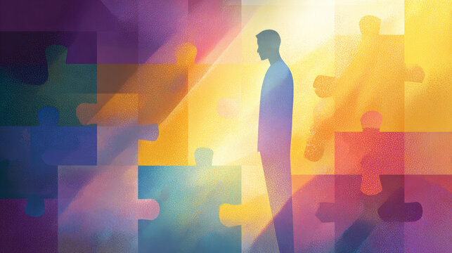 Silhouette of a man illuminated by light on a background with multicolored puzzles. Autism spectrum disorder.