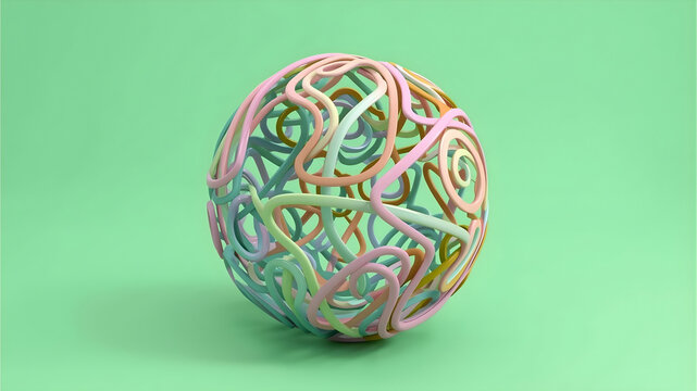 Abstract 3D Sphere of Tangled Colorful Lines on Green Background - Conceptual Creative Design Element for Innovation, Connectivity, and Complexity in Modern Digital Art