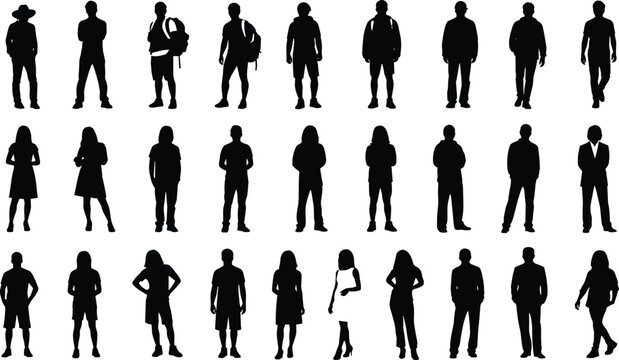 Silhouette collection of diverse human figures, male and female characters, fashion styles, standing poses, demographic representation, editable vector illustration