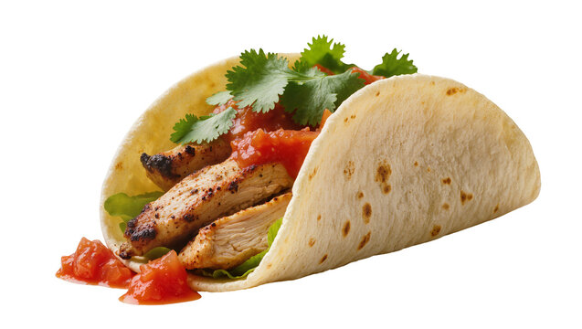 Delicious grilled chicken taco with fresh cilantro and vibrant salsa, perfectly isolated on a transparent background, ready for Mexican cuisine menus and food design projects