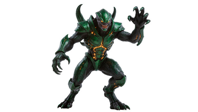 Aggressive dark green monster action figure with glowing orange eyes and sharp claws, isolated on transparent background, menacing alien creature PNG