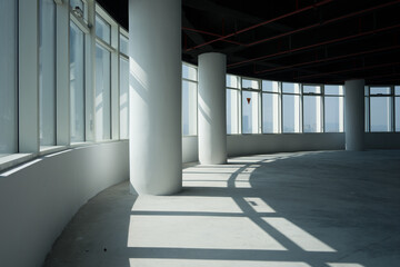 Obraz premium Modern office space featuring white columns and floor-to-ceiling windows with natural light