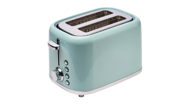 Light blue retro two-slice toaster with shiny chrome accents, a modern kitchen appliance for breakfast, isolated PNG on transparent background