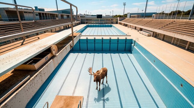 Moose Standing in Empty Swimming Pool, Surreal Abandoned Stadium Concept