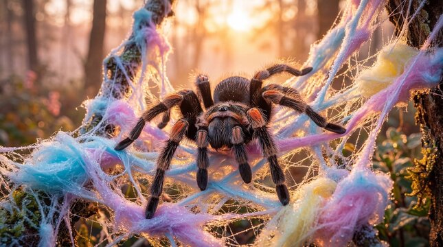 Giant Tarantula Spider on Colorful Cotton Candy Web in Sunset Forest 3D Illustration