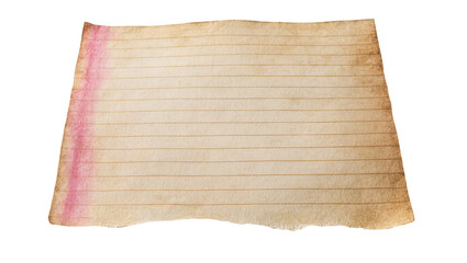 Obraz premium Vintage aged lined paper with torn edges and pink discoloration, isolated old blank sheet PNG for antique document design