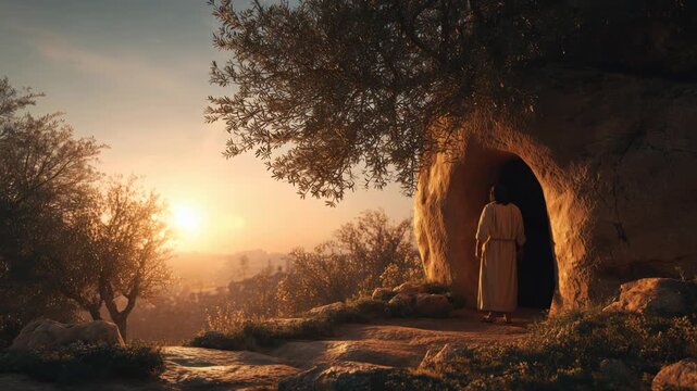 Jesus stands before the empty tomb at sunrise, marking a significant moment in history and faith