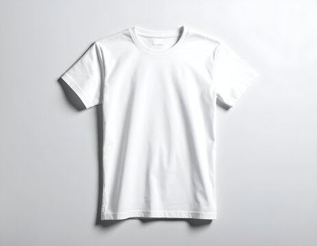 A pristine white t-shirt laid flat against a bright, plain backdrop