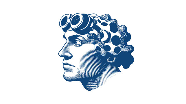 A blue-toned side-profile illustration of a male figure wearing goggles and with curly hair