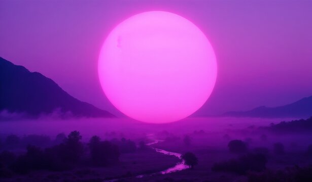 Surreal landscape with a giant glowing magenta moon and winding river in digital art style, vibrant purple and pink colors, representing a mystical dreamscape or otherworldly sunset [with copy space]