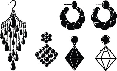 Black silhouette earrings set, jewelry collection vector illustration, chandelier hoop diamond stud earrings, fashion accessory icons isolated design © Empowerment angle 