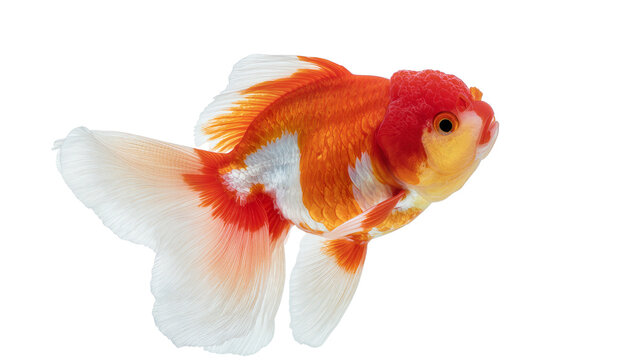 Vibrant orange and white Oranda goldfish with prominent red head growth and flowing fins, isolated PNG on transparent background, perfect for aquatic designs