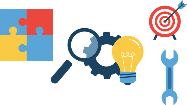 Business strategy and problem solving vector icons featuring puzzle pieces magnifying glass gears light bulb target and wrench for innovation analysis and solution concepts.