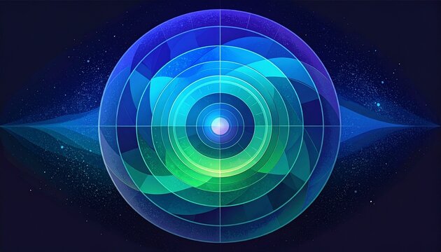 Abstract futuristic radar wave hologram in neon blue green glow cosmic space background