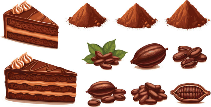 Chocolate Cake Slice with Cocoa Beans, Cocoa Powder, and Chocolate Ingredients for Dessert, Baking, and Sweet Treats Designs.