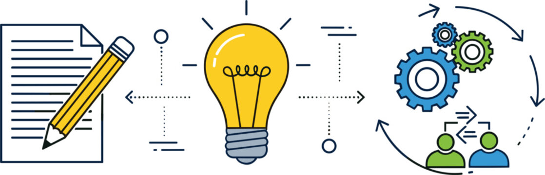 Creative workflow and innovation process vector illustration featuring document pencil idea light bulb gears arrows and teamwork collaboration for business development and brainstorming concepts.