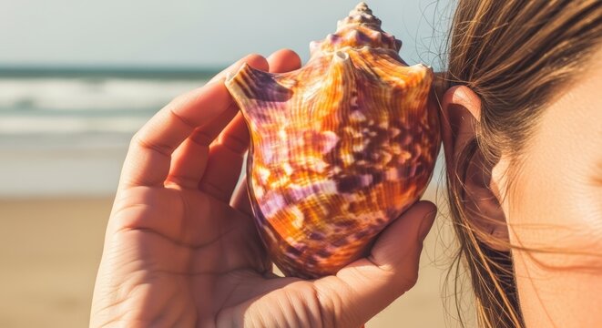 Woman listening to colorful seashell beach.