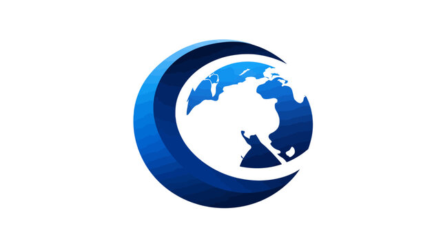 A stylized globe graphic with a curved blue design element, showing continents in shades of blue