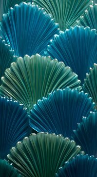 Abstract pattern of vibrant blue and green fan shaped leaves with translucent edges