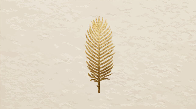 A textured gold feather, centered on a mottled off-white background
