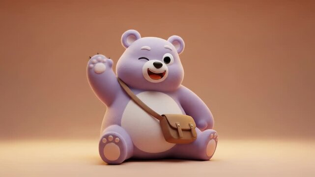 Adorable Purple Bear with Satchel - A Charming 3D Animation.