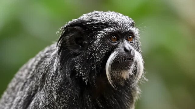 Closeup portrait of a black monkey with white mustache in lush green forest.