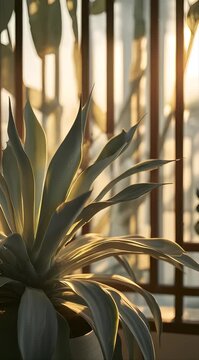 Agave plant leaves illuminated by warm sunset light