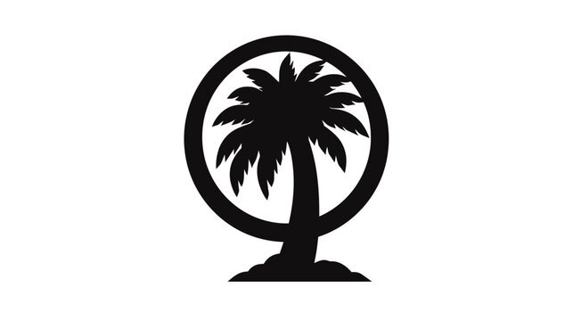 A monochrome illustration features a stylized palm tree encased within a bold circular frame