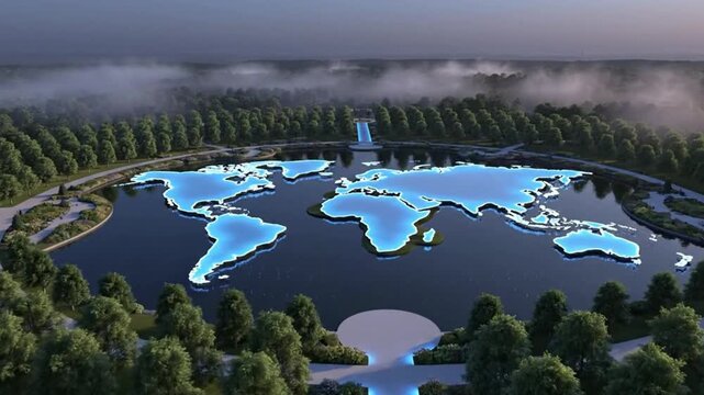 Glowing Blue World Map Pathways in Circular Memorial Garden at Twilight