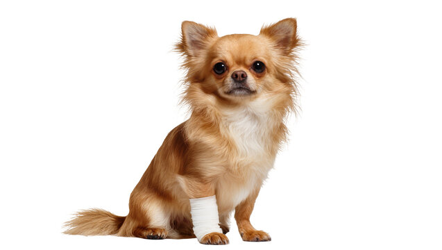 Sweet long-haired Chihuahua dog with a bandaged front paw, sitting calmly, isolated PNG, perfect for pet health and veterinary care concepts
