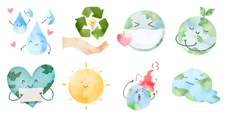 Naklejka premium Watercolor Earth and recycling symbols element set