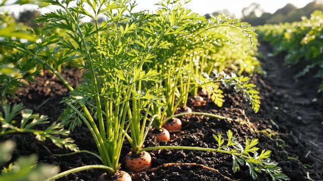 rows of green leaves and orange roots under warm sunlight in a sunny field