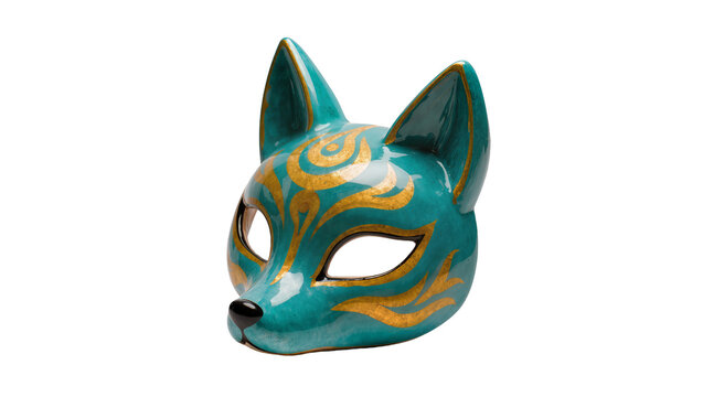 Traditional Japanese Kitsune fox mask in vibrant teal and gold, featuring intricate patterns, isolated PNG for cultural designs and festival themes