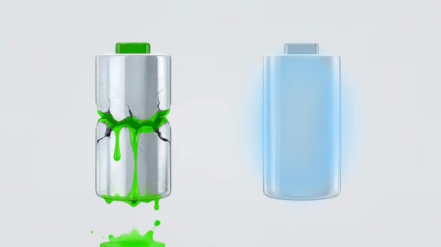 Battery with visible cracks and green liquid flowing from the left side, contrasting with a clean, charged battery on the right side, showcasing energy transition and degradation