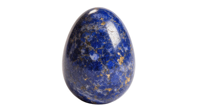 Polished deep blue Lapis Lazuli gemstone egg, adorned with golden pyrite flecks, a luxurious decorative object isolated