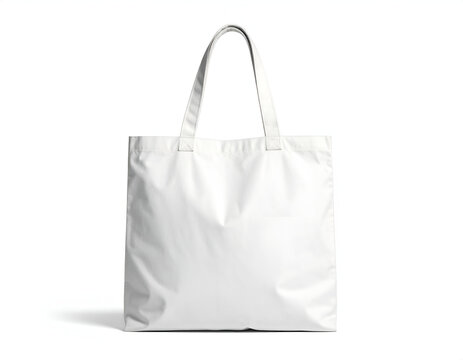 Plain white fabric tote bag with straps against a white background