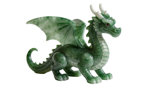 Exquisite green jade-like mythical dragon figurine, featuring intricate scales, white horns, and red eyes, isolated PNG on transparent background