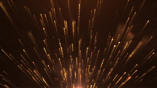 Golden light streaks bursting through a dark background creating a dynamic radiant motion effect. Abstract luxury animation symbolizing energy, speed, celebration, and elegant festive atmosphere.