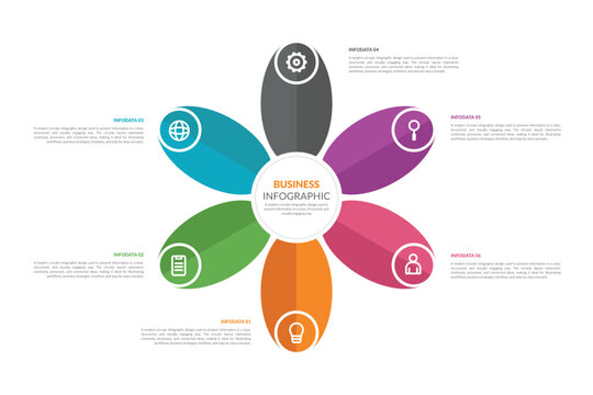 Modern Flower Style Circle Infographic Template with 6 Steps, Colorful Business Process Diagram for Workflow, Strategy and Data Visualization