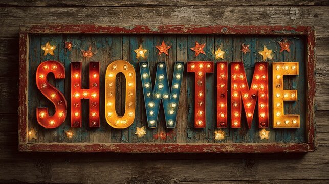 Marquee sign displaying "SHOWTIME" against rustic wood background, lit with warm lights