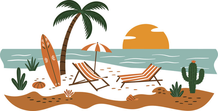 Beach scene with palm tree and lounge chairs on sandy shore by calm ocean water at sunset