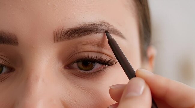 Closeup of a woman shaping her eyebrow with an eyebrow pencil