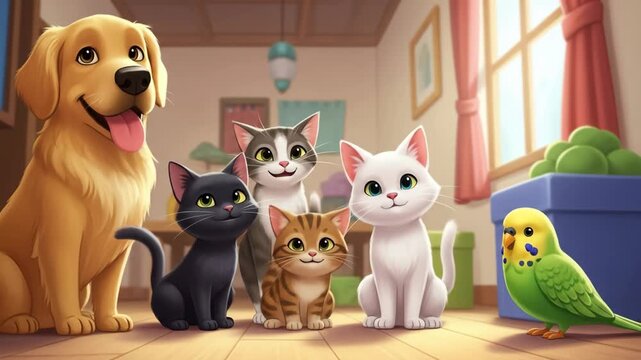 A Cheerful Group of Animated Pets Posing Together in a Room.