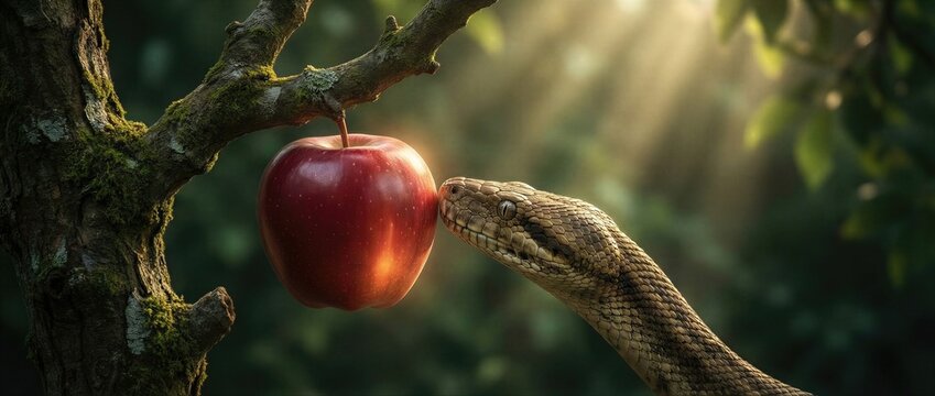 Snake approaching red apple hanging on tree branch. Temptation of Adam and Eve in Garden of Eden. Biblical scene representing original sin, forbidden fruit in paradise. Banner with copy space