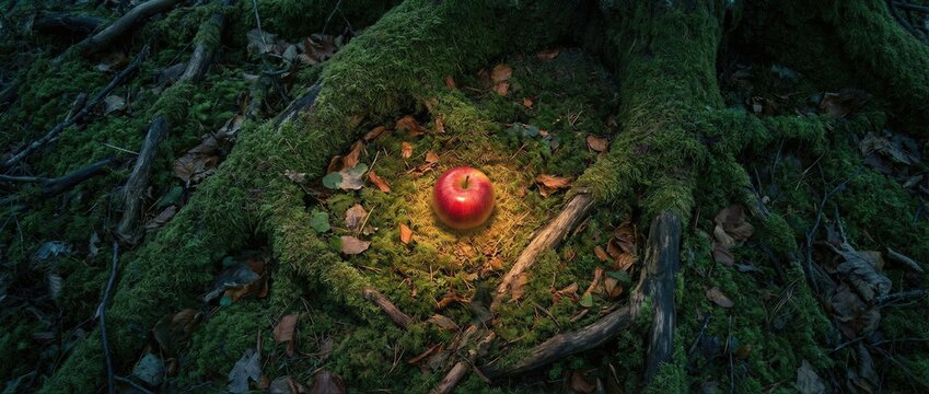 Red apple lying on mossy roots of tree in forest. forbidden fruit from Garden of Eden. Biblical story of sin and temptation. Genesis scene representing fall of humanity. Banner with copy space