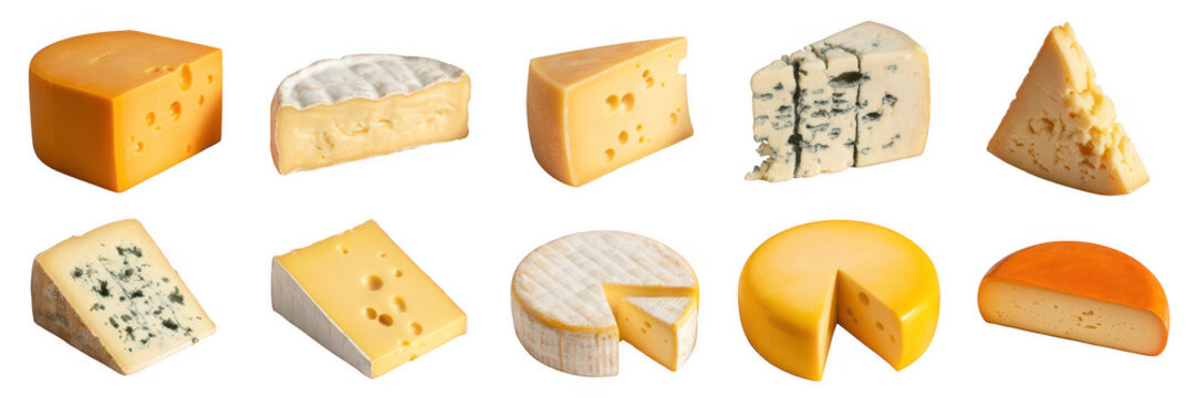 Various types of cheese on black assortment variety dairy isolated on a transparent background