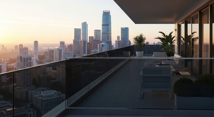 Fototapeta premium Modern luxury balcony view overlooking city skyline at sunset. Residential apartment terrace with comfortable chairs and potted plant. Architecture, real estate and urban lifestyle concept.