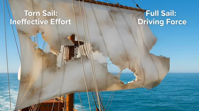 Sailing ship with torn sails navigating through calm ocean waters, showcasing the transition from ineffective to effective sailing as it moves forward with full sails