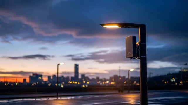 5G enabled smart streetlight illuminating a city road at dusk. Modern urban infrastructure technology with internet connectivity for communication.