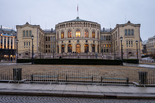 Exterior of Noregian Parliament in central Oslo, Norway.